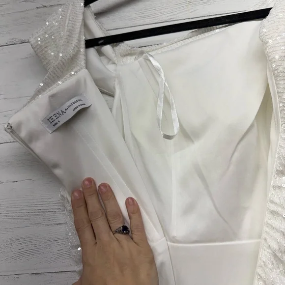 Mac Duggal size 0 white gown wedding bachelorette off shoulder high slit - Picture 7 of 8